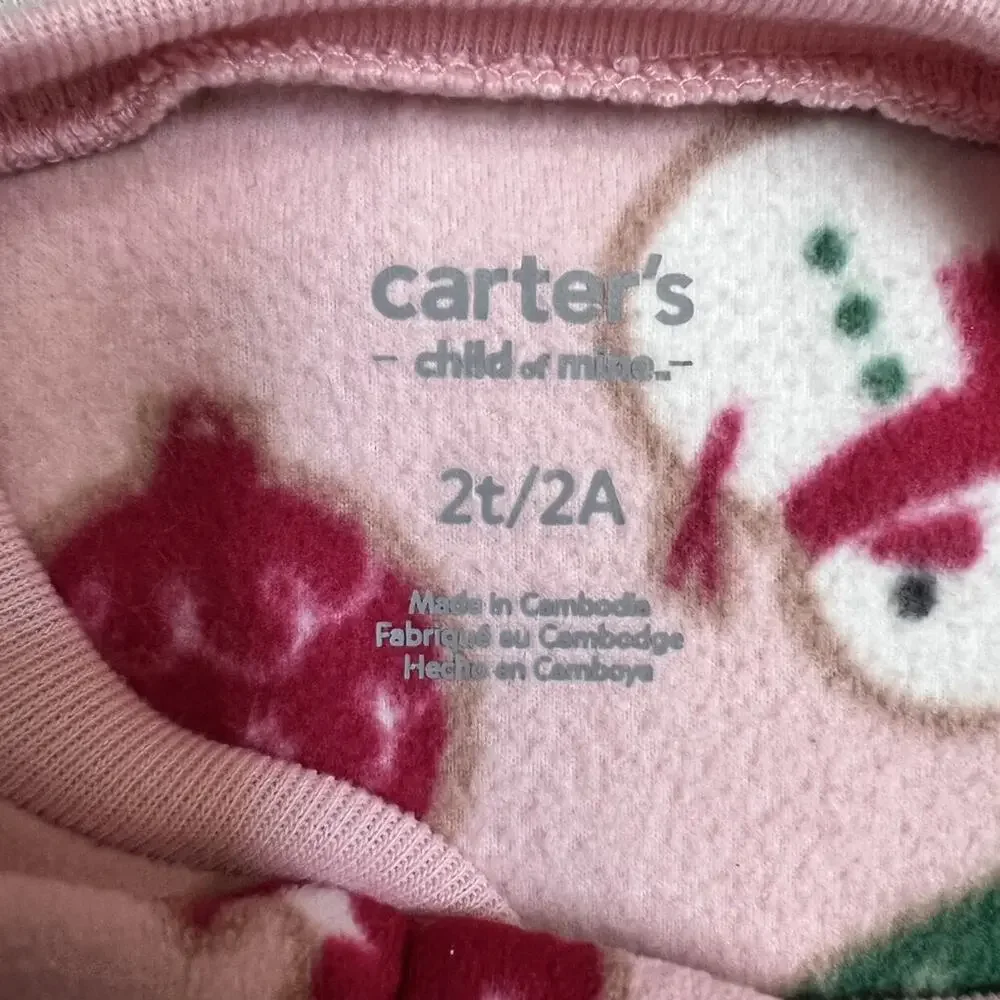 🍄 3/$15 Carter’s Fleece Footie Pajamas Girls 2T Pink Christmas Santa Snowman